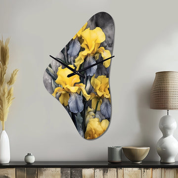 Yellow Grey Petal Of Iris I - Asymmetric Metal Wall Clock